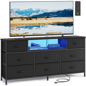 SONGMICS BELLAH Collection - Dresser for Bedroom with Outlets and LED Lights, TV Stand for TVs Up to 65 Inches, Chest of Drawers, 8 Drawers, Steel, Modern, Ink Black ULGS434BH02S, 13.8"D x 57.8"W x 26.8"H