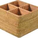 i-lan Natural Rattan 4 Compartments Cooking Utensil Silverware Organizer Holder Cosmetics Storage Box Cutlery Caddy Flatware Serving Basket (180mm 4-Compartment Box)