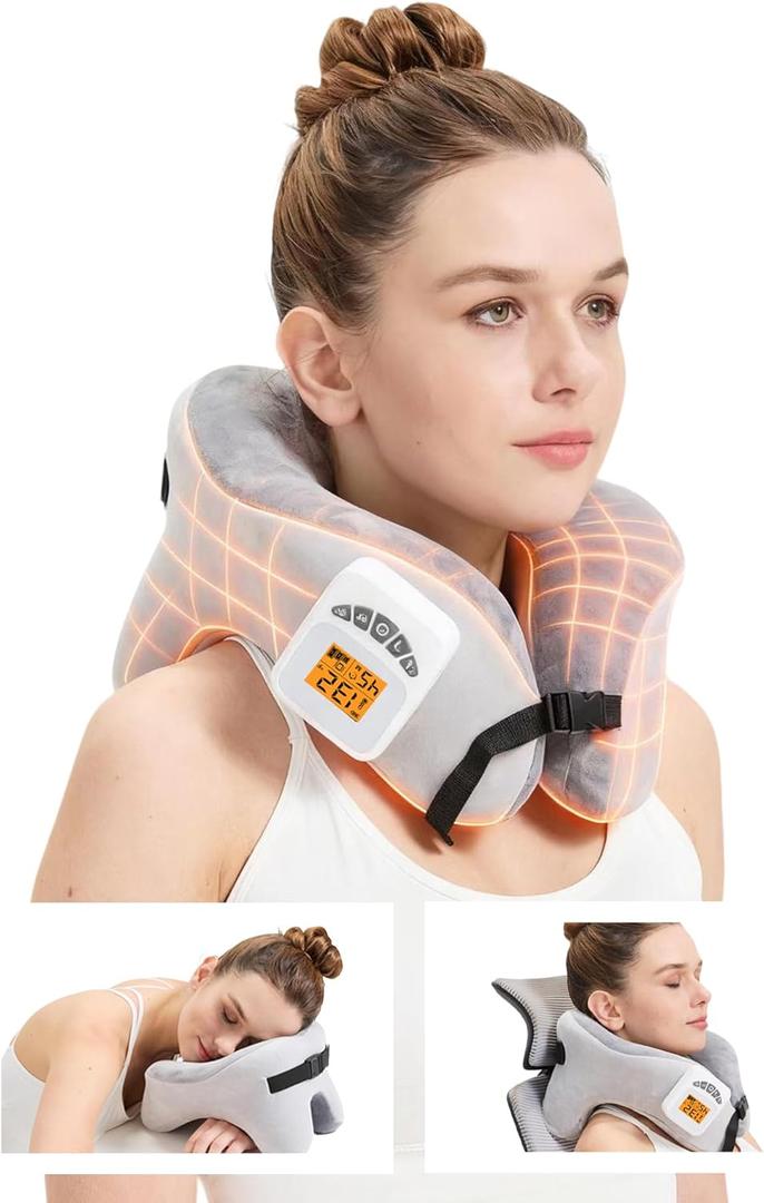 CAMECO 4 in 1 Neck Heating Pad & Massager & Nap Pillow & Travel Pillow for Pain Relief, 5000mAh Cordless 3D U-Shaped Vibration Massage Heated Neck Wrap for Traveling Sleeping Airplane, Memory Foam