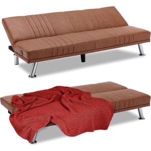VECELO Modern Couch Bed, Convertible Sofa Bed/Folding Sleeper Couches Faux Leather Futon for Living Room, Futon Sofa Bed, Brown