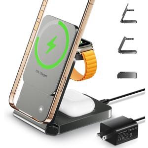 3 in 1 Wireless Charger Station for Multiple Devices, Foldable Magnetic Charging Stand, Portable Fast Travel Wireless Charger for iPhone17/ 16/ 15/ 14/ 13/ 12 Pro Max/ AirPods2/ 3/ 4 and IWatch Ultra Series