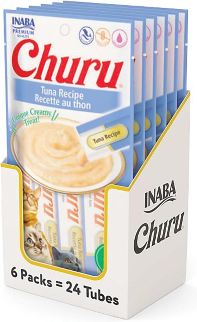 INABA Churu Cat Treats, Grain-Free, Lickable, Squeezable Creamy Pure Cat Treat/Topper with Vitamin E & Taurine, 0.5 Ounces Each Tube, 24 Tubes (4 per Pack), Tuna Recipe