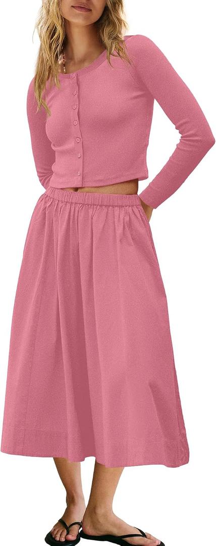 Panadila Womens 2 Piece Lounge Sets Matching Vacation Outfits Ribbed Button Down Cardigan and Elastic Waist Skirt Sets, M