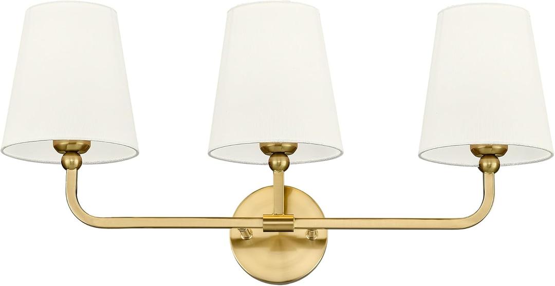 Bathroom Light Fixtures, Brushed Gold Vanity Lights with Beige Fabric Shade, 3-Light Wall Sconce, Modern Sconces Wall Lighting for Hallway Bedroom, VL837-BG-B-3