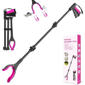 43" Grabber Reacher Tool, Foldable Reacher Grabber Pickup Tool with 360 Rotating Jaw & Two Magnets, Extra Long Trash Picker Upper Grabber, Extension Grabbers for Seniors, Pink