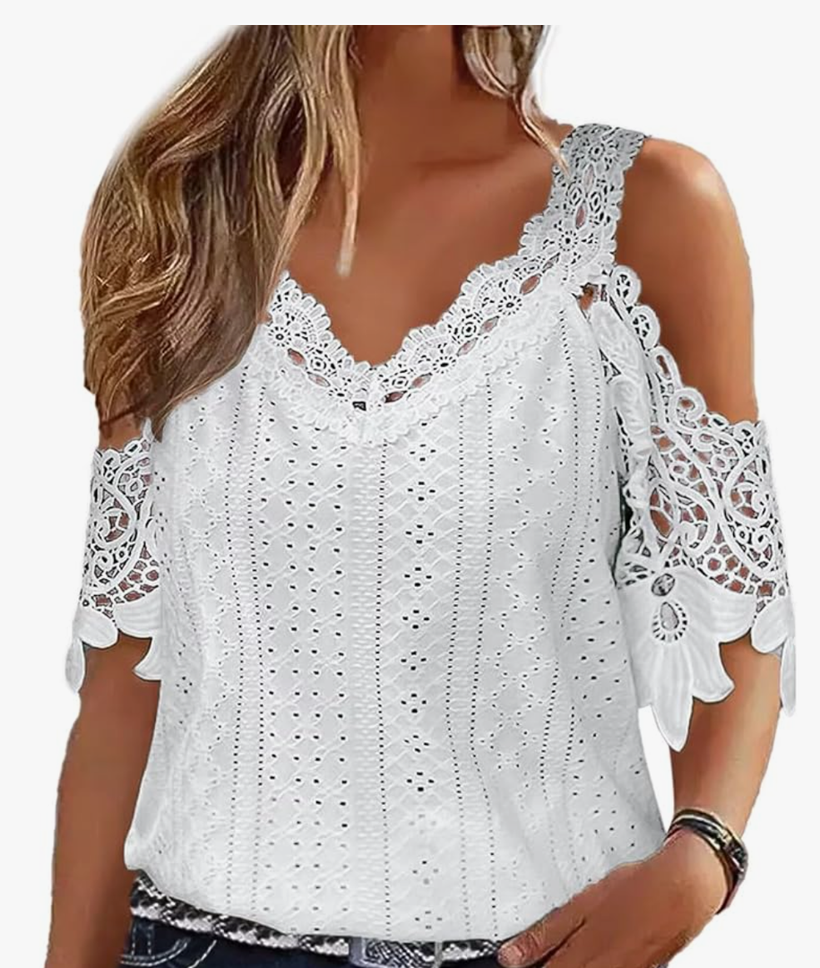 Flamingals Women's Cold Shoulder Eyelet Short Sleeve Hollow Out Lace Floral Sleeveless Blouse Top, M