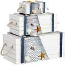 Juvale Nautical Wooden Jewelry Box Set - Navy Blue & White Jewelry Storage & Nautical Decor Boxes with Lids - Coastal Decor Table Centerpiece