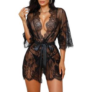 Sexy Lingerie for Women Lace Kimono Robe Mesh Chemise Nightgown Lace Robe XS-3XL (Black)