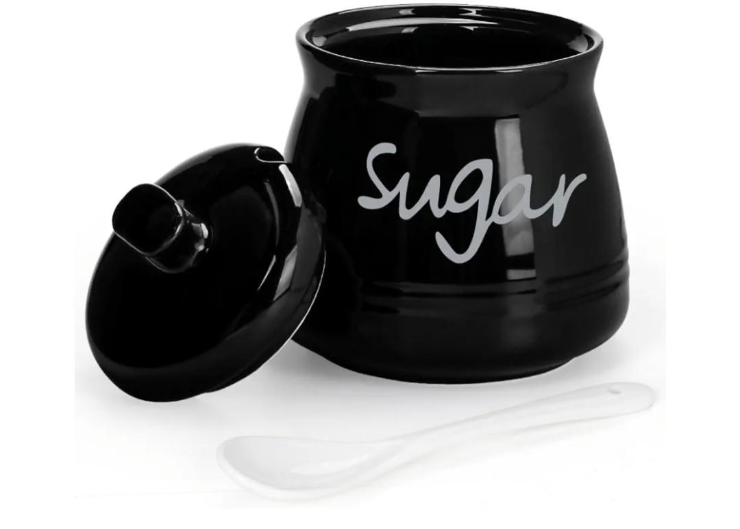 Porcelain Sugar Bowl with Lid and Spoon, 12 Ounces Ceramic Sugar Storage Jar, Sugar Container for Home and Kitchen (Black)