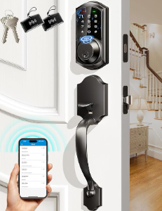 Veise VE07-H Fingerprint Smart Locks for Front Door with Handle Set, App Control, Keyless Entry Keypad Deadbolt, Digital Electronic Touchscreen, Easy Install, Auto Lock, Matte Black