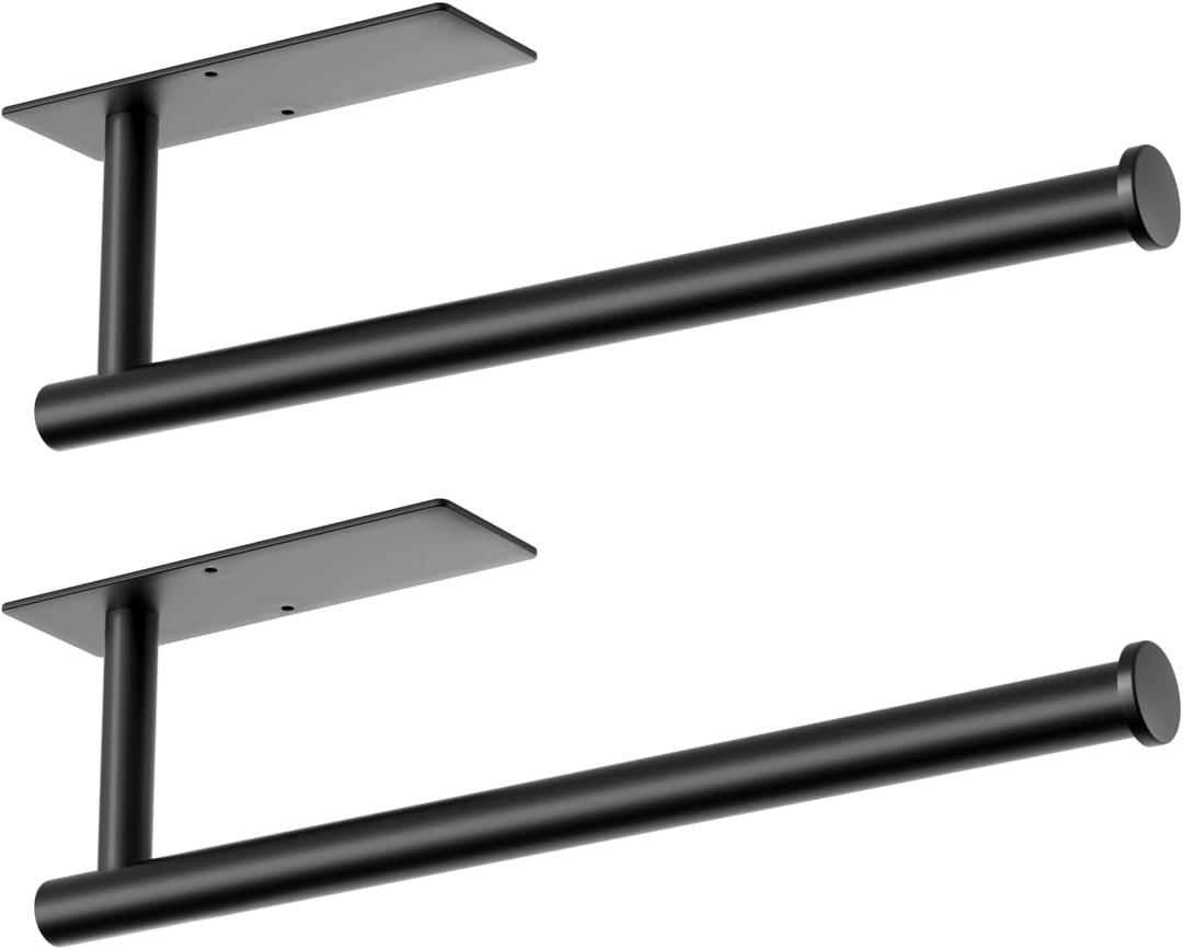 Paper Towel Holder Under Cabinet - 2 Pack Matte Black, Self-Adhesive or Drilling Mount, Sturdy Stainless Steel Space-Saving Rack for Kitchen, Bathroom, RV, Rental-Friendly Design