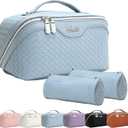 BOYATU Travel Makeup Bags for Women: Large Makeup Organizer - PU Leather Make up Bag Set of 3 - Portable Toiletry Bag with Compartments & Handle & Divider (L02 Light Blue)