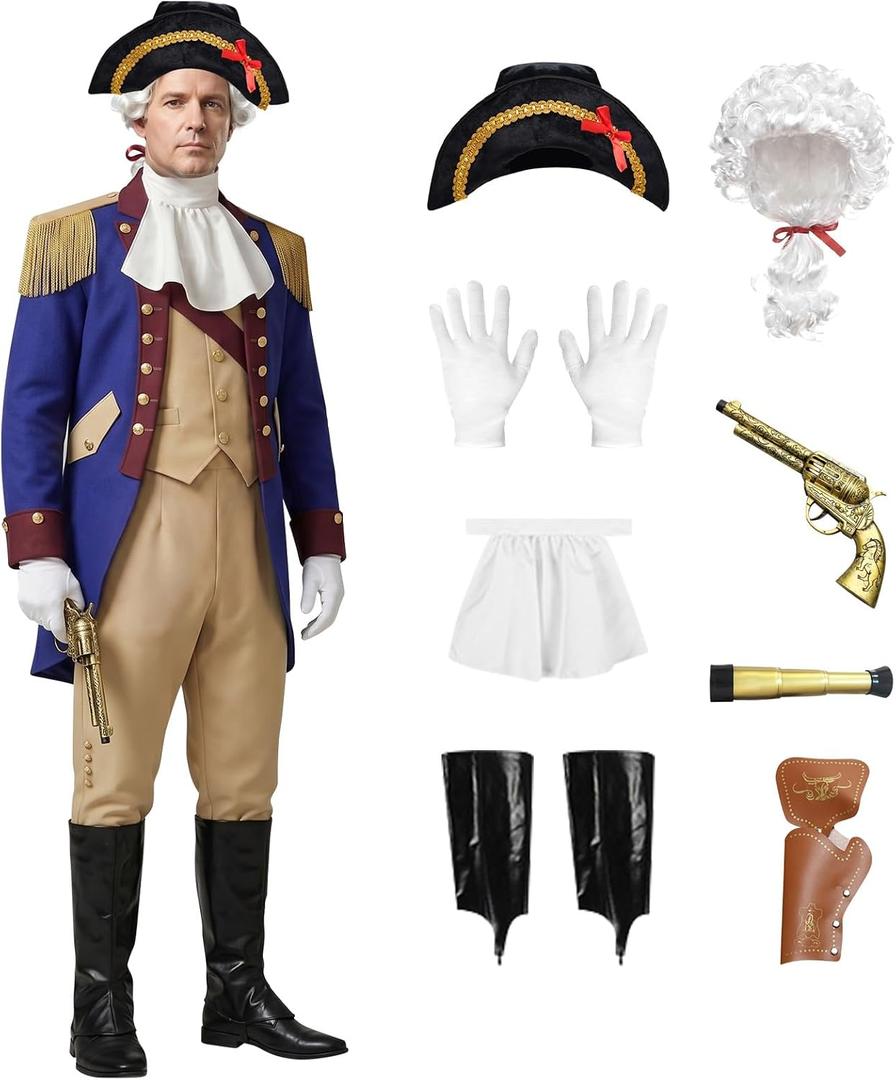 Founding Father Costume Set Colonial Costume for Men with Wigs Captain's Cap Accessories Revolutionary War Outfit, Size: Large
