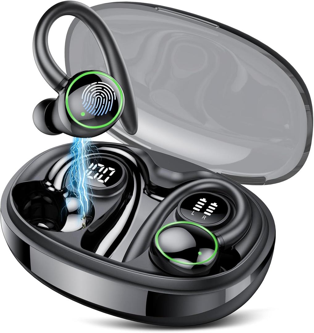Wireless Earbuds, Bluetooth 5.3 Headphones Sport, Over Ear Buds With ENC Noise Cancelling Mic, 48H, Wireless Earphone With Earhooks, Stereo Deep Bass, IP7 Waterproof Headset for Workout Running, Black