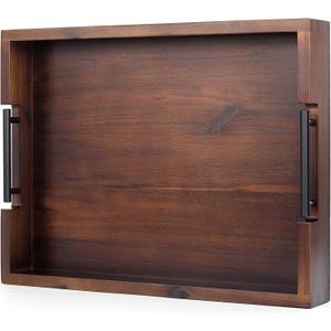 Ottoman Tray, Acacia Wood Serving Tray with Metal Handles, 16.5x12.5in Food Drinks Tray for Coffee Table, Breakfast, Dinner & Bar, Rustic Decorative Storage Tray for Ottoman, Kitchen, Packaging (Vintage Wood Color)