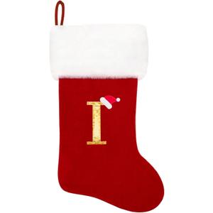20 Inches Monogram Christmas Stockings Red Velvet with White Super Soft Plush Cuff Embroidered Xmas Stockings Classic Personalized Stocking Decorations for Family Holiday Season Decor (Letter I)