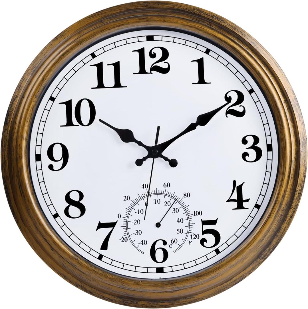 16 Inch Large Outdoor Clock Retro Waterproof Clock Non-Ticking Indoor/Outdoor Wall Clock with Thermometer, Battery Operated for Pool, Patio, Garden, Bronze