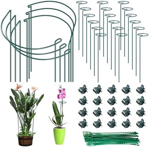 Ferraycle 24 Pack Plant Support Stakes Set 18 Pack 16 Inch Single Flower Stakes and 6 Pack 15.8 Inch Metal Plant Support Ring Cage Stakes Garden Stake for Indoor Outdoor Monstera Peony Rose Flower Etc