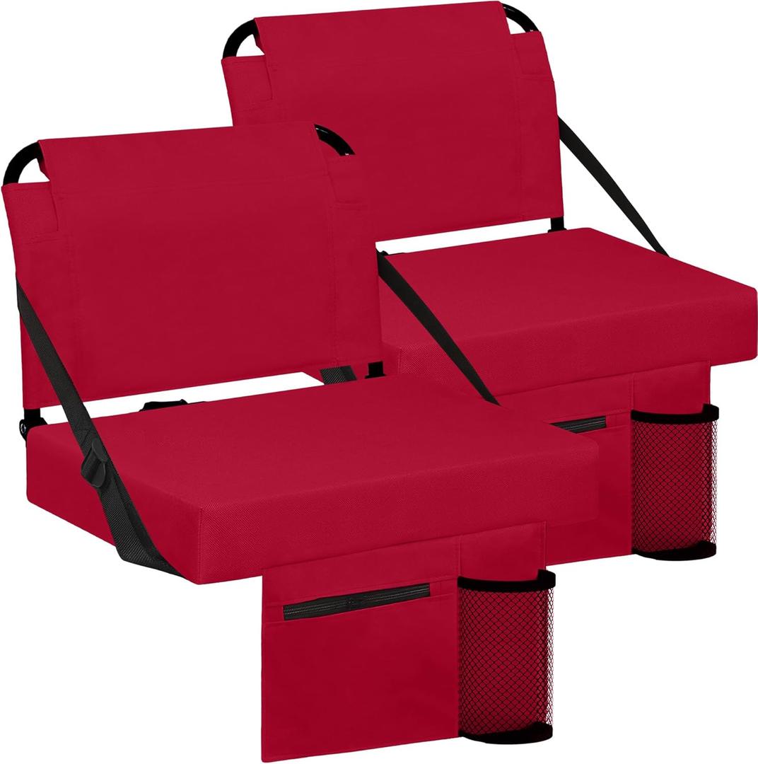 Stadium Seat for Bleachers with Back Support and Wide Padded Cushion Stadium Chair - Includes Shoulder Strap and Cup Holder (Maroon,2 Pack)