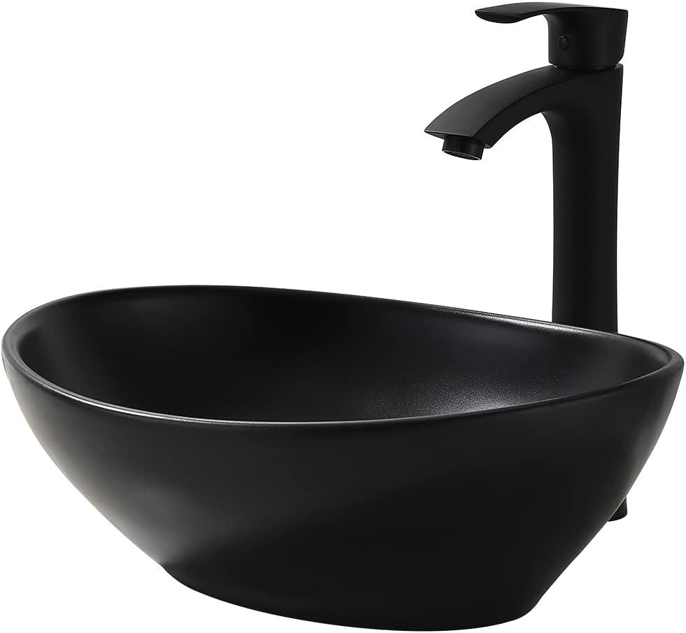 16x13 Matte Black Vessel Sink With Faucet and Drain Combo - Oval Porcelain Ceramic Above Counter Bathroom Sink