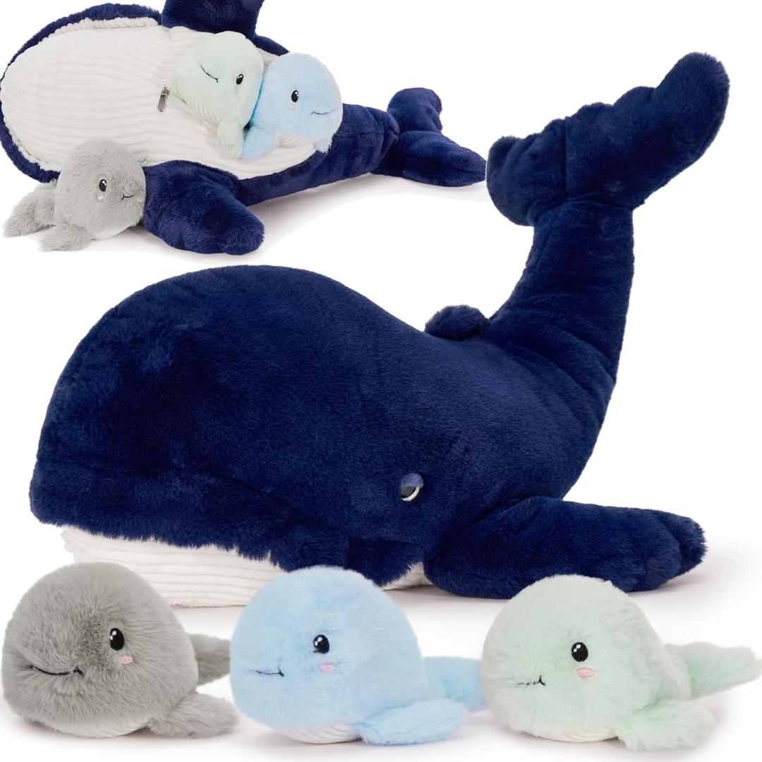 MaoGoLan 4 Pcs Blue Whale Plush Toy with 3 Babies Inside - 20 Inch Giant Stuffed Whale Plush Sea Animals Bulk for Kids Ocean Party Favors Marine Decorations Gifts Christmas Valentine's Day