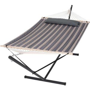 SUNCREAT Hammock with Stand 2 Person Heavy Duty, Freestanding Hammock with Spreader Bar, Soft Pillow, Gray Stripes, 147.6"L x 55.1"W