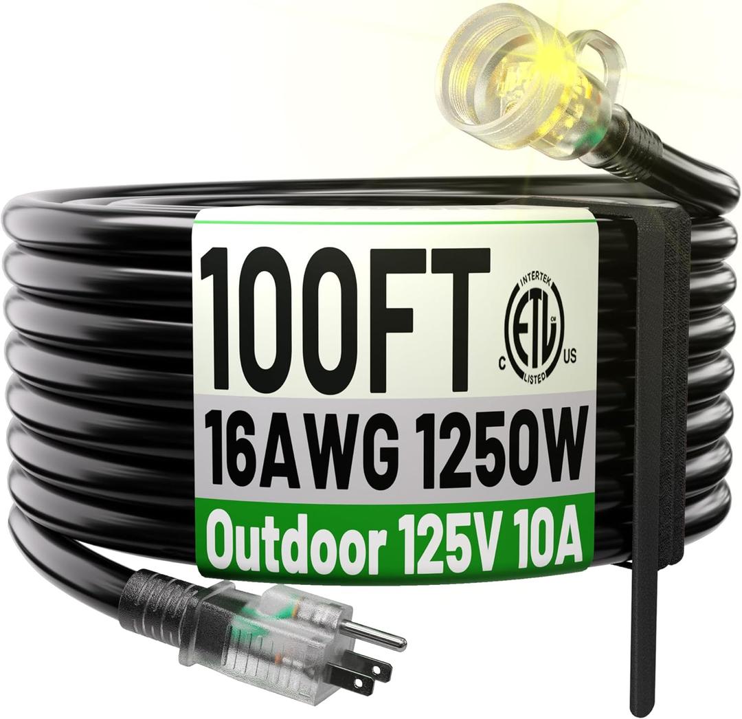 POWGRN 100FT 16/3 Black Outdoor Extension Cord Waterproof, 3 Prong Flexible Cold Weatherproof Extension Cord, 10 AMP 1250W SJTW, ETL Listed