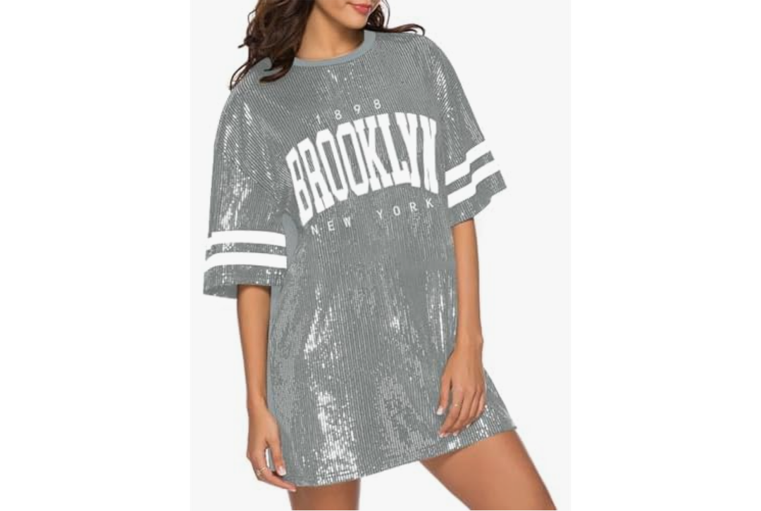 Jigfar Women's Sparkly Sequin Short Sleeve T-Shirt Dress Casual Loose Cute Tunic Blouse, L, Gray