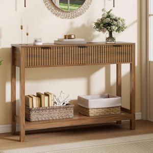 Nasonet Fluted Console Table, Wooden Sofa Table with Storage and Drawers, Behind Couch Table Modern Entryway Table for Entrance, Hallway, Living Room, Brown, 43.3 x 11.8 x 31.5 inches