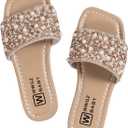 GORGLITTER Girl's Pearls Dress Flat Sandals Glitter Rhinestone Summer Open Toe Teens Slides (2 Big Kid, Brown)