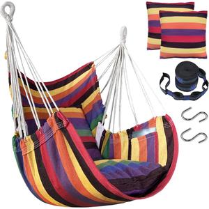 Halalona Hammock Chair Hanging Hammock Chair Rope Swing 2 Cushions Included-Sturdy & Durable Soft Cotton Hand Woven Hammock Swing for Bedroom, Porch, Patio-Indoor/Outdoor (Rainbow)
