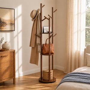 Solid Wood Rotating Coat Rack Freestanding, 360 Coat Tree with 3 Shelves & 9 Hooks, Heavy Duty Rubberwood Coat Hanger Stand, Hat Rack Hall Tree for Entryway Bedroom Office Hallway, Walnut