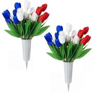 Thiccywoov 2 Sets Memorial Day Flowers for Cemetery Artificial Patriotic Cemetery Flowers for Grave Red White Blue Tulips with Vase for Independence Day Veterans Grave
