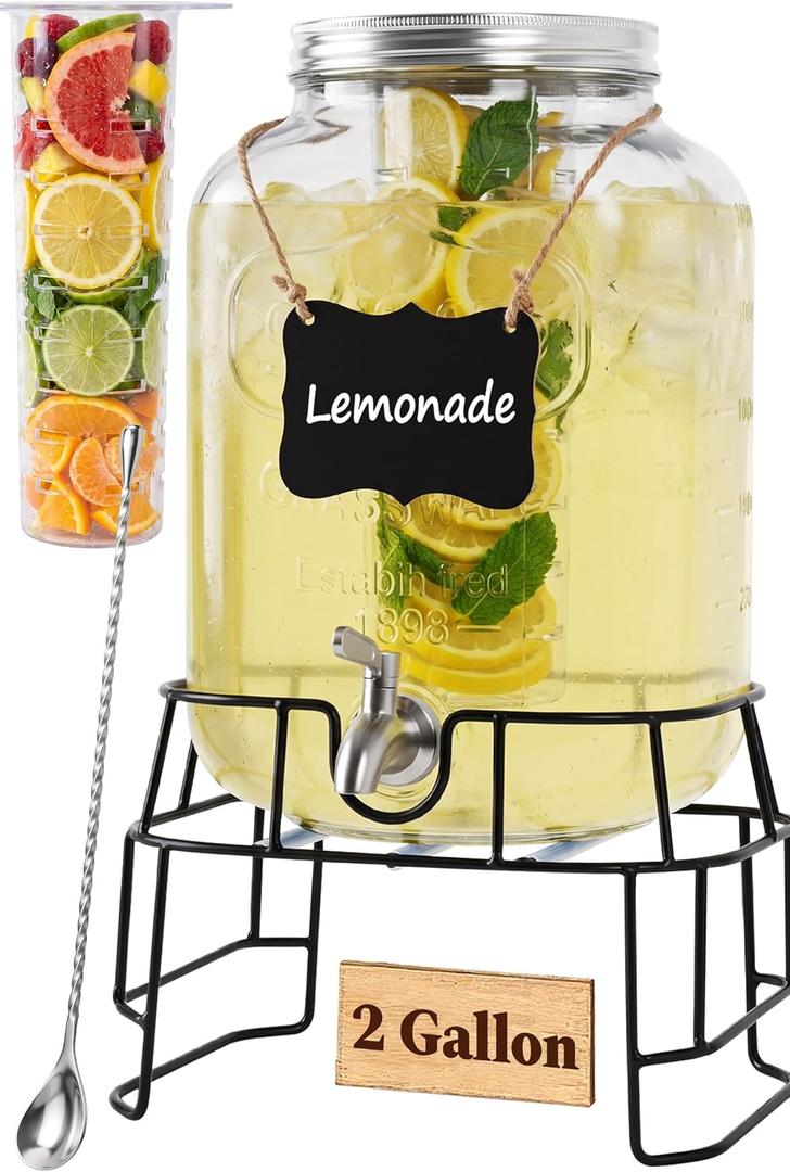 KIKCOIN 2 Gallon LARGE Glass Drink Dispenser with Stand & Leak-Proof Spigot (EXP 09/29/26)