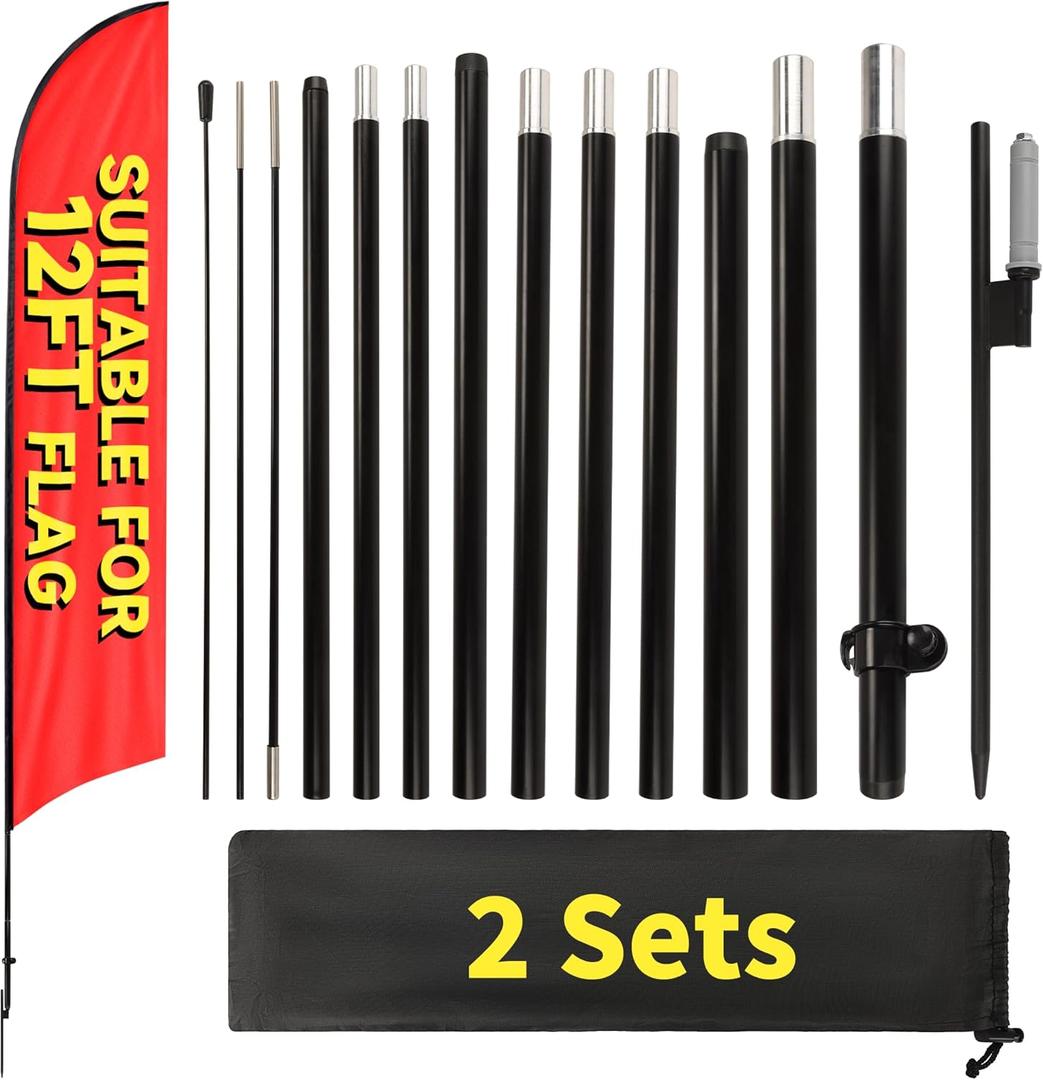 2 Sets 14FT Heavy Duty Feather Flag Pole Kit for 12FT Swooper Flags, Portable Reinforced Aluminum Banner Pole with Rotating Ground Stake, Ideal for Outdoor Advertising, Storefronts (14FT, 2 Sets)