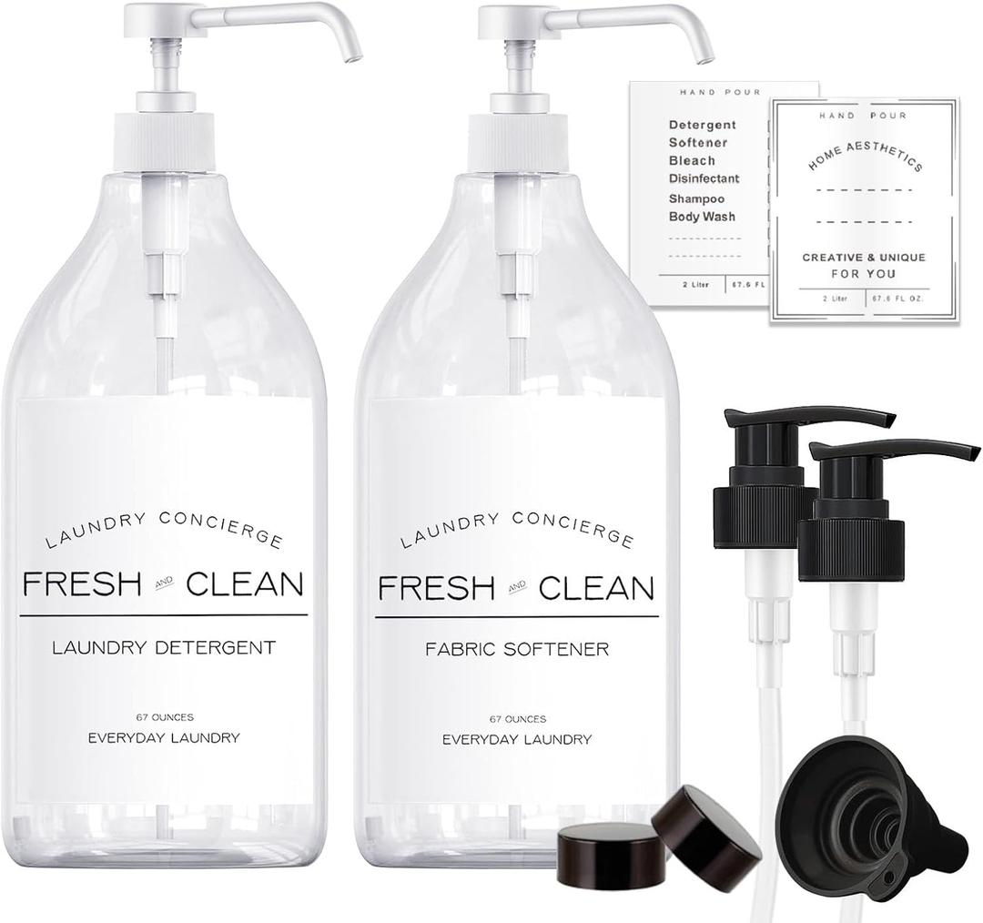 1/2 Gallon Laundry Detergent Dispenser Bottle - Refillable Fabric Softener Clear Pump Bottle - Liquid Soap Dispenser for Laundry Room Organization, BPA Free & PET Plastic - Pack of 2