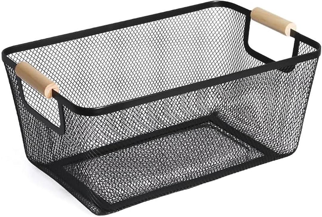 Metal Mesh Steel Basket, Medium Wire Storage Organizer Basket Multi-function Hanging Kitchen Basket with Wood Handle for Kitchen Bathroom Picnic Home, Rectangle-Black