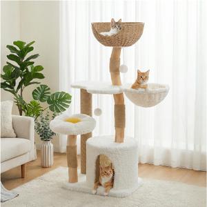 PETEPELA Modern Cat Tree Tower for Indoor Large Cats w/Removable Flower Perch, Real Solid Wood Cat Scratching Posts, Boho Ratten Cat Furniture w/Cozy Condo & Wicker Basket Bed, White