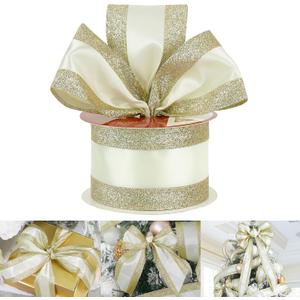 HUIHUANG Gold Wired Satin Ribbon with Glitter Stripe Edges 2.5 inch, Gold and White Christmas Ribbon for Tree, Bows Making, Wreath Supplies, Gift Wrapping Garland, Home Decor, Crafts -10 Yards