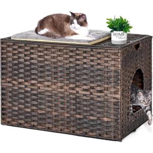 Cat Litter Box Enclosure with Litter Trapping Mat; Handwoven Plastic Rattan Cat House; No Installation Hidden Cat Washroom; Pet Crate for Balcony,Bedroom,Living Room (30.3'' L x 18.2'' W x 20.5'' H, Brown)