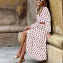 LOLONG Women's Casual Button Front Midi Dresses Spring 2025 Puff Long Sleeve Printed Ruffle Hem Boho Flowy Dress