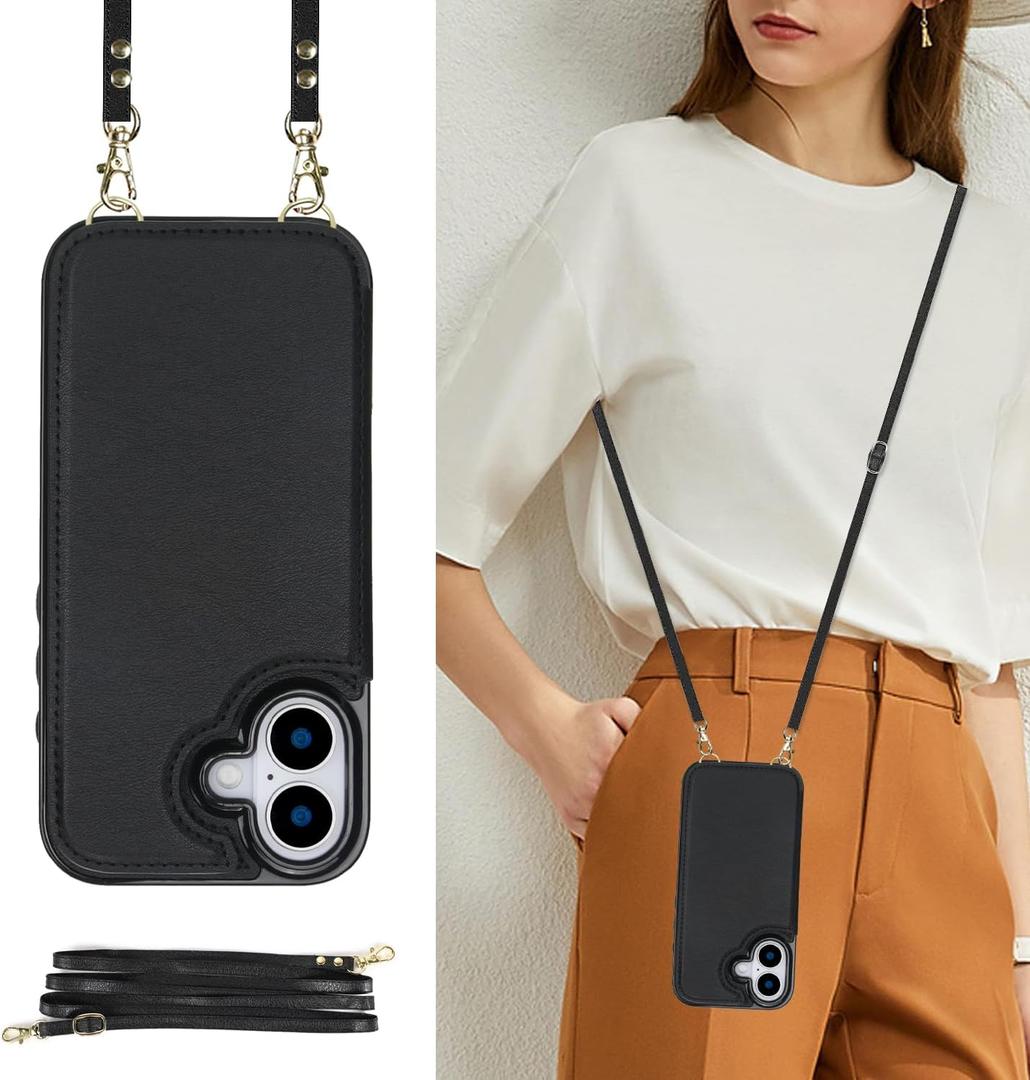 Wallet Case Compatible with iPhone 17, Crossbody Case RFID Blocking Card Holder Magnetic Flip Folio Purse, Shockproof Leather Strap Protective Cover for iPhone 17 6.3'' 2025 Black