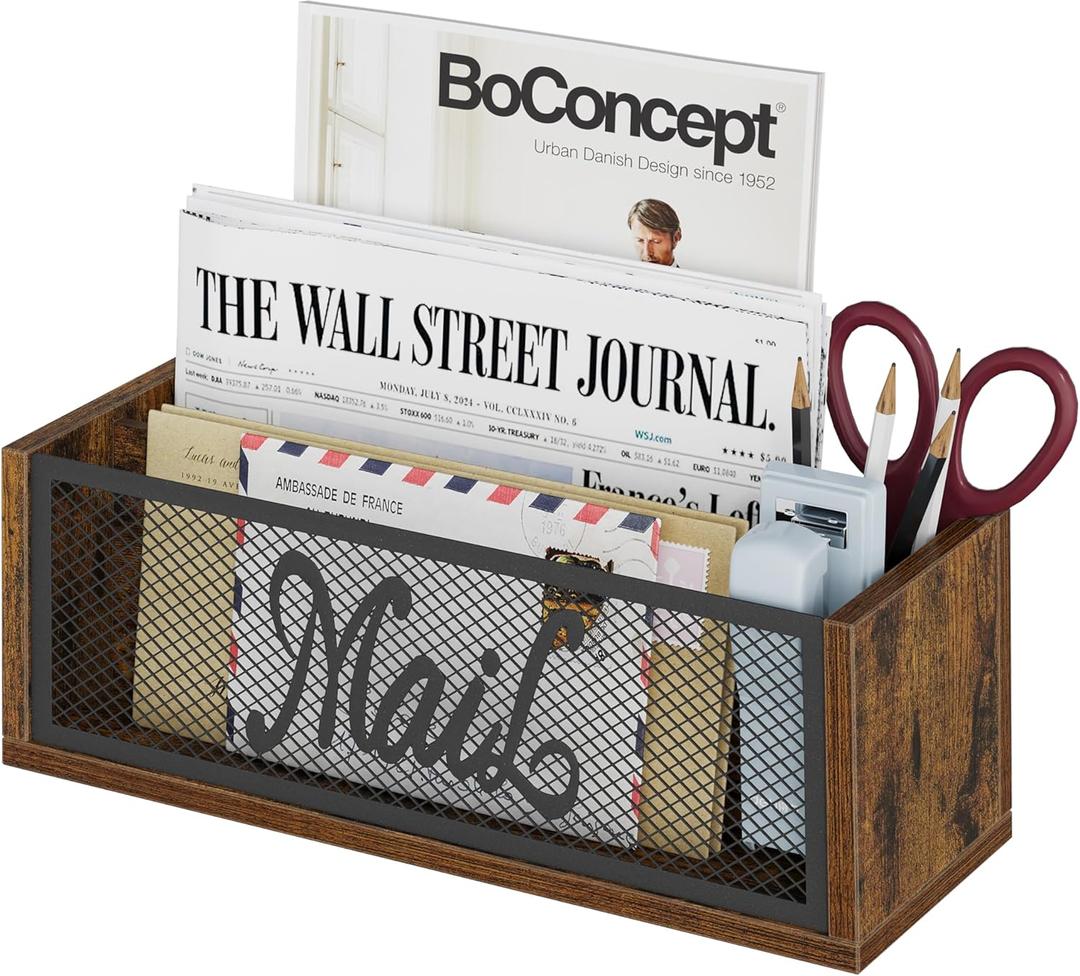 YINMIT Mail Organizer Countertop, Mail Holder with 2 Slots, Mail Holder for Desk, Desk Mail Organizer, Mail Basket for Wall Table Countertop, Envelope Holder for Home Office (Rustic Brown)