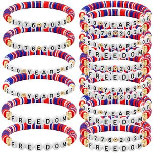 Huquary 48 Pcs 4th of July 250 Years of Freedom Theme Bracelets 1776-2026 Party Favors 250th Anniversary Memorial Day Party Supplies Red White Blue Patriotic Clay Bracelets for Independence Day Gift