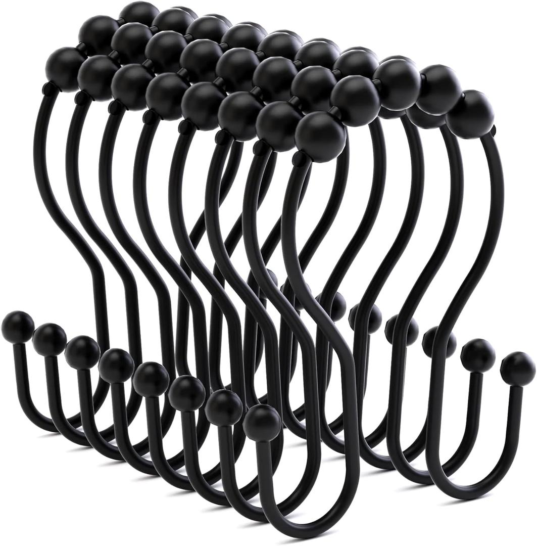 Shower Curtain Hooks Shower Curtain Rings Black Shower Curtain Hooks RustProof Smooth Metal Double Shower Curtain Hook, Shower Hooks for Shower Curtain Liner Bathroom Shower Rod Hook