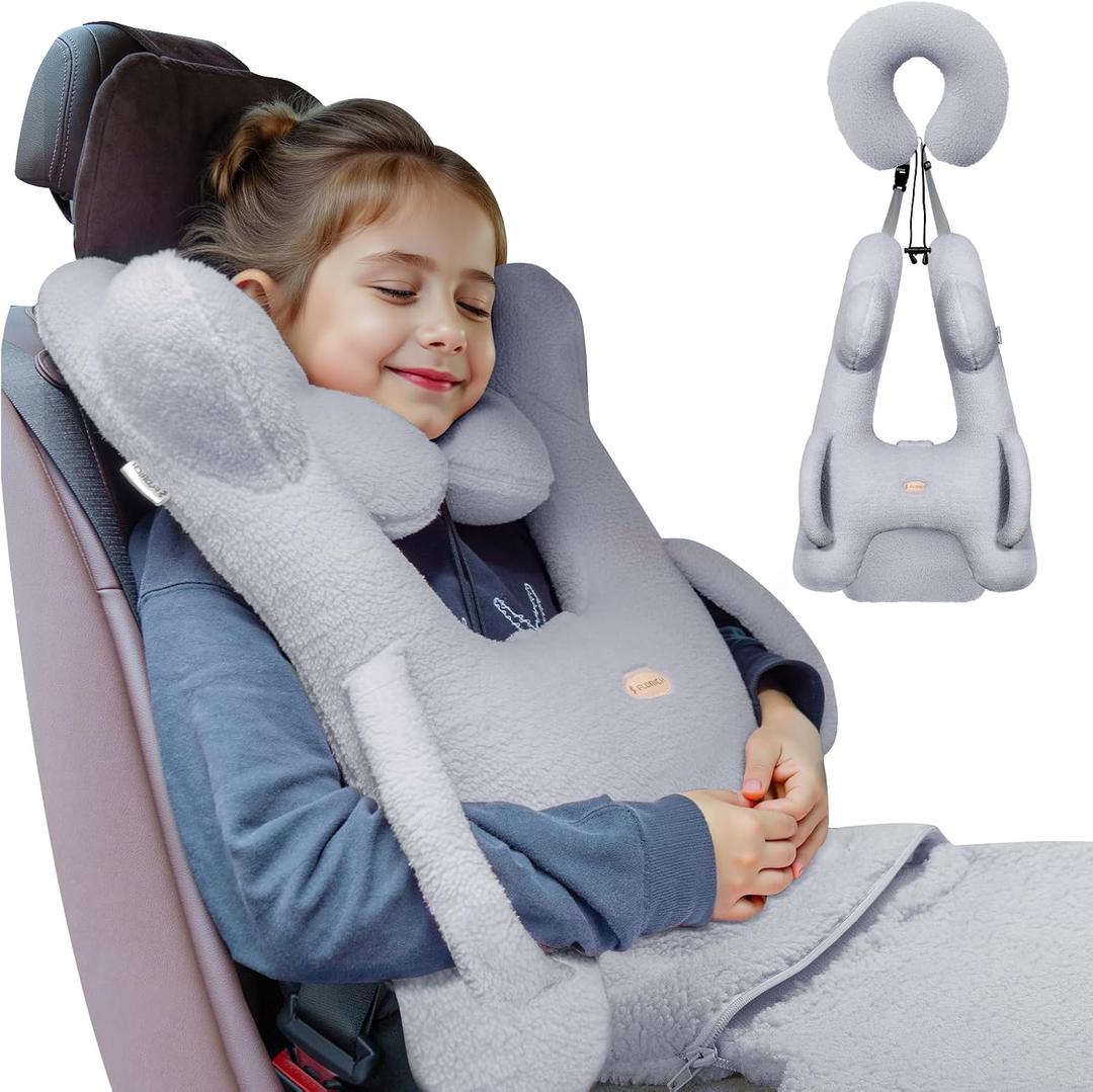 Kids Travel Pillow, Car Sleeping Travel Pillow for Kids, Removable H-Shaped Pillow for Adults and Children to Support Head and Body Road Trips with Neck Pillow and Blanket (Dark Grey)