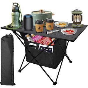 Foldable Camping Side Table, Ultralight Small Beach Table Aluminum, Portable Outdoor Table with Carry Bag and Storage for Picnic, Grill, Hiking, Fishing, Sand, Camping Essentials(L) (27 Large, Black)