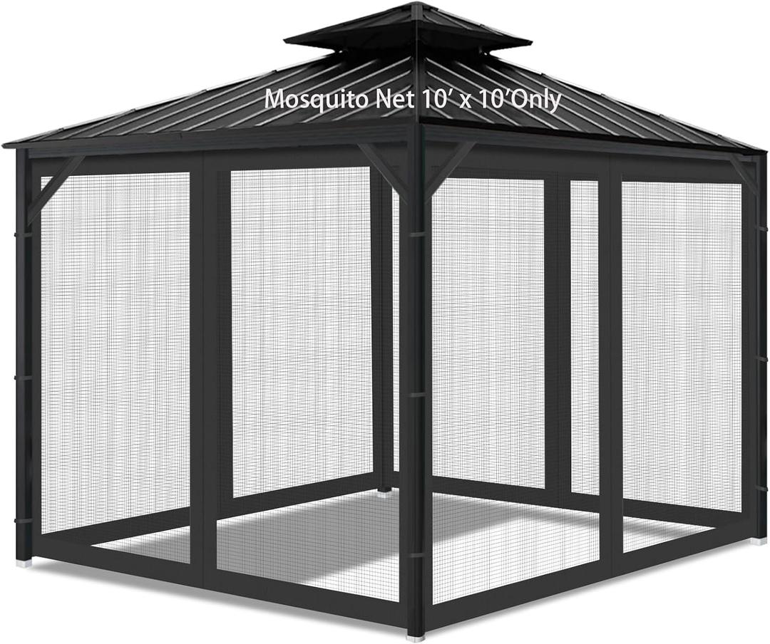 Gazebo Universal Replacement Mosquito Netting, Outdoor Mesh Netting Screen 4-Panel Sidewall with Zipper for Patio, Canopy, Garden and Backyard, Gray(Mosquito Net Only) (Black, 10' x 10')