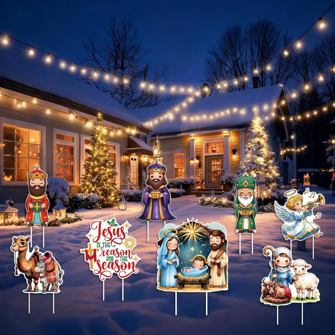 8 Pcs Christmas Nativity Scene Outdoor Yard Signs with Stake, Jesus Birth Manger Scene Religious Christmas Decorations for Lawn Pathway Outdoor Garden Decors