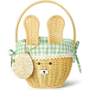 DoubleFill 1pcs Wicker Easter Basket Wicker Picnic Basket with Tag Empty Rattan Bunny Basket with Handles & Liner Willow Hamper Basket for Eggs & Candy Storage Fruit (Green Plaid)